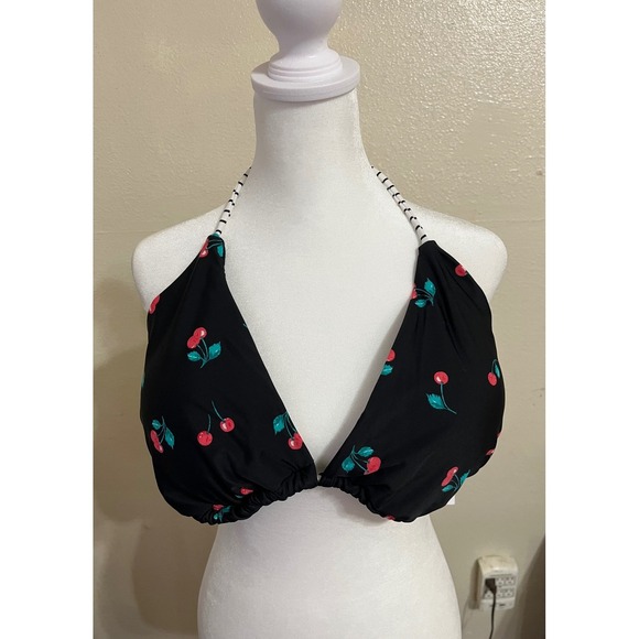 Cacique Other - Cacique Swim Cherry Print Triangle Bikini Top Black Striped Ties Size 22 NEW